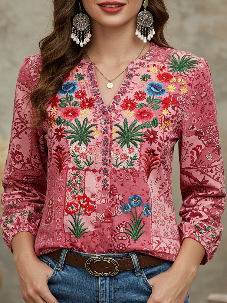 Women's Retro Pink Plant And Floral Embroidered Print T-shirt