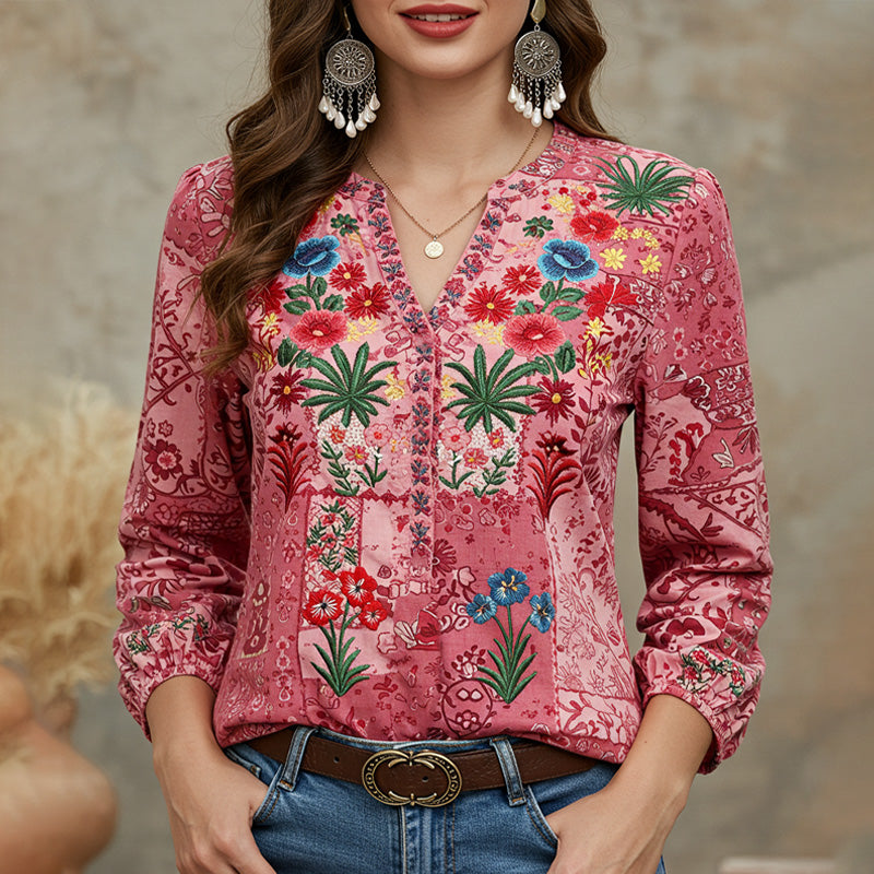 Women's Retro Pink Plant And Floral Embroidered Print T-shirt