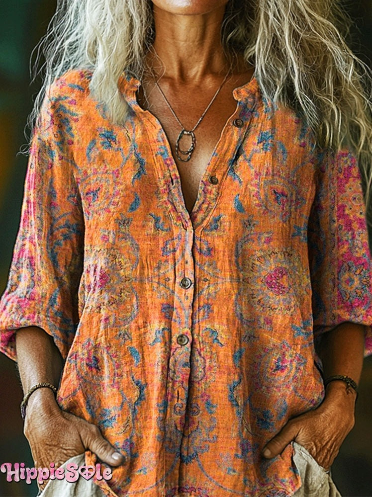 Women's Retro Ethnic Totem Art Pattern Print Pocket V-neck Cotton Dress
