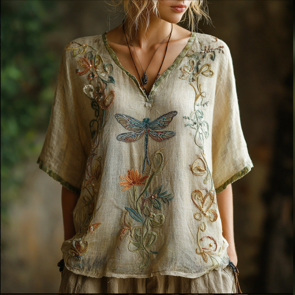 Bohemian Dragonfly Vine Pattern Vintage V-neck Short-sleeved T-shirt