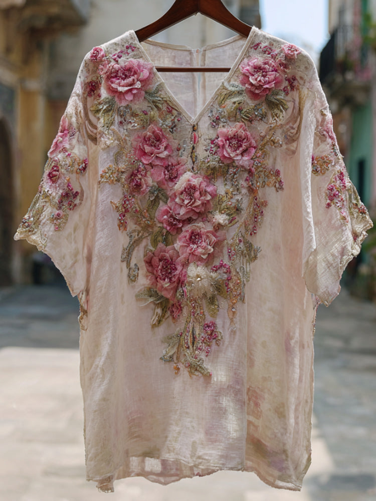Bohemian Style Pink Flower Embroidery Thin And Light Vintage V-neck Top