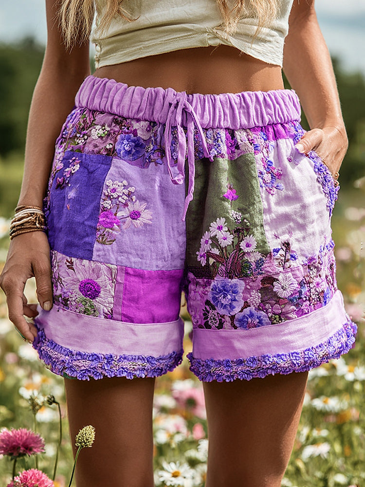 Women's Patchwork Floral Contrast Drawstring Shorts