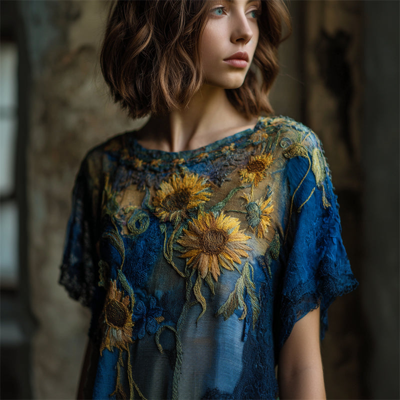 Oil Painting Boho Sunflowers Lace Embroidered Linen Tunic