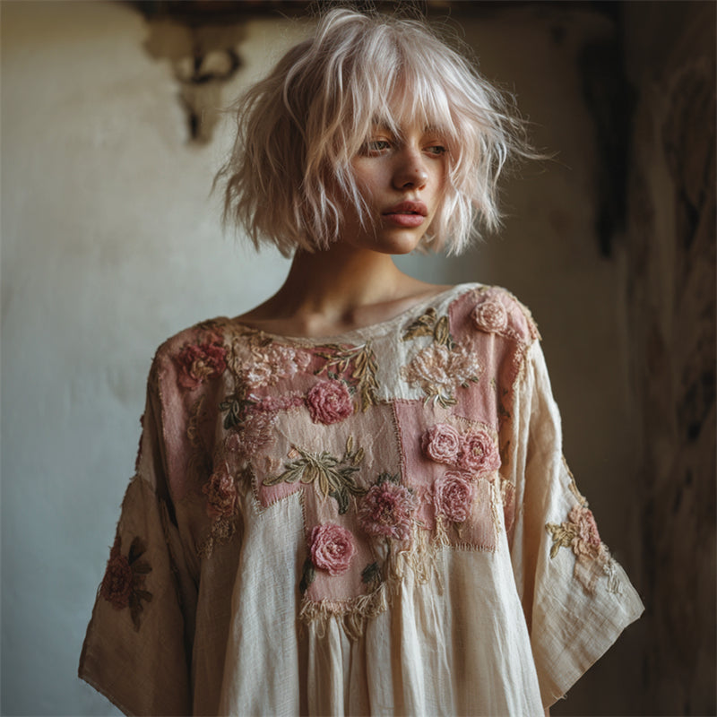 Cottage Pink Roses Embroidered Patchwork Linen Shirt