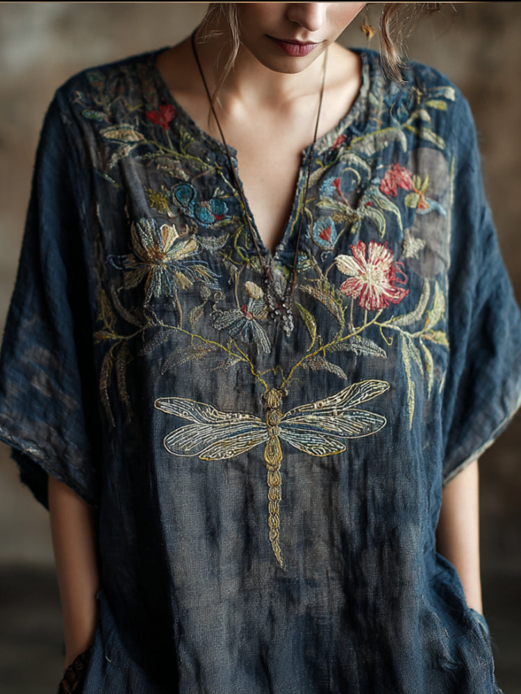 Vintage Cotton And Linen Tie-dye T-shirt With Dragonfly And Flower Pattern, V-neck, Short Sleeve