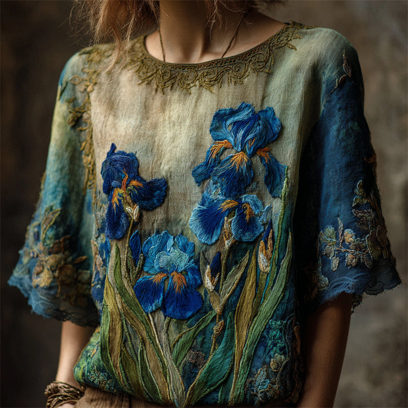 Vintage Irises Embroidered Gradient Flowy Linen Tunic