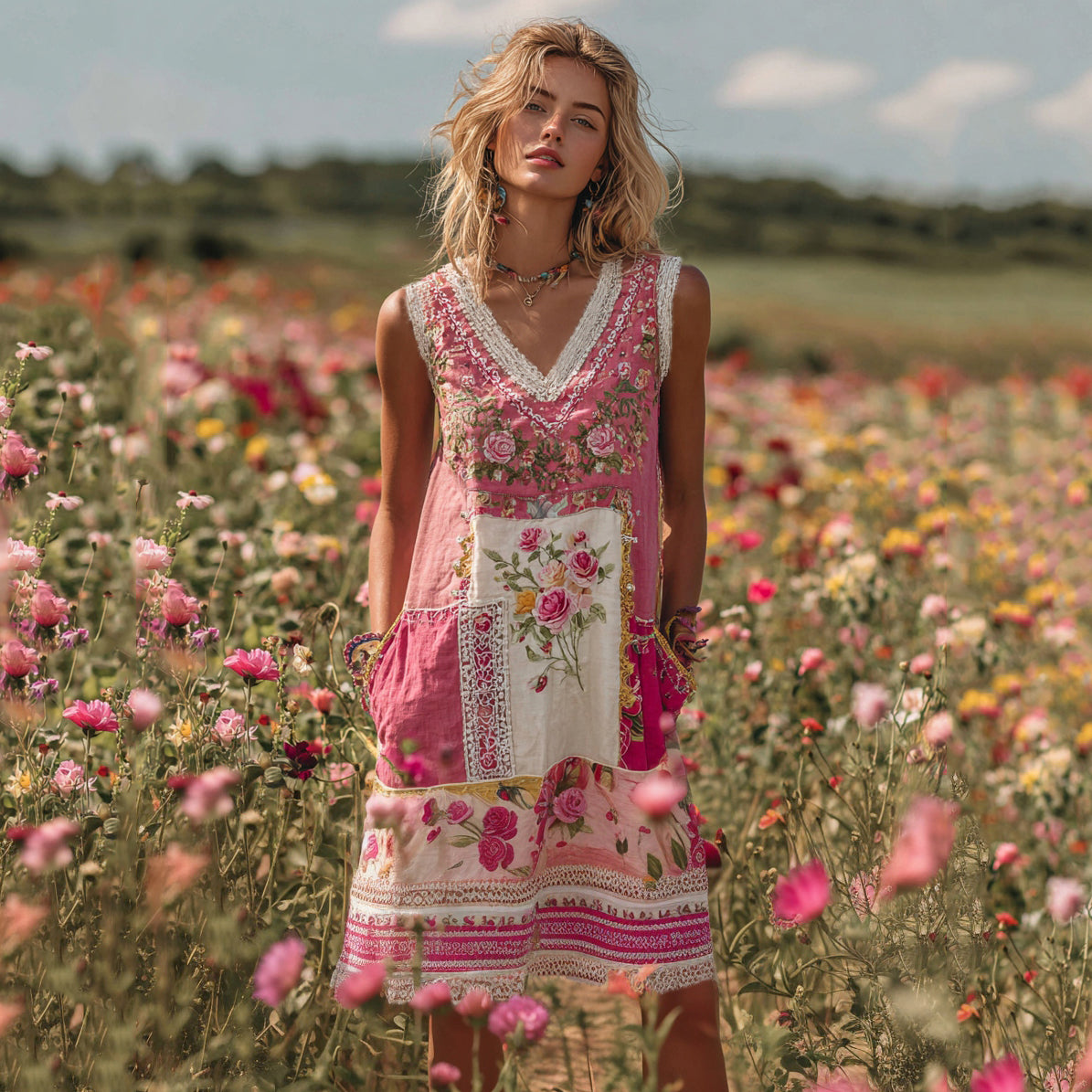 Women's Embroidered Rose Patchwork Midi Dress