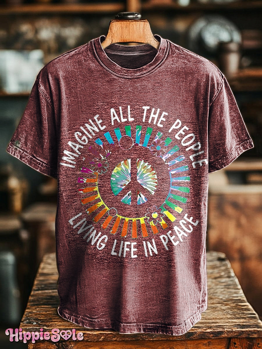Unisex Hippie Imagine All The People Living Life in Peace Print Casual Loose Short Sleeve T-Shirt