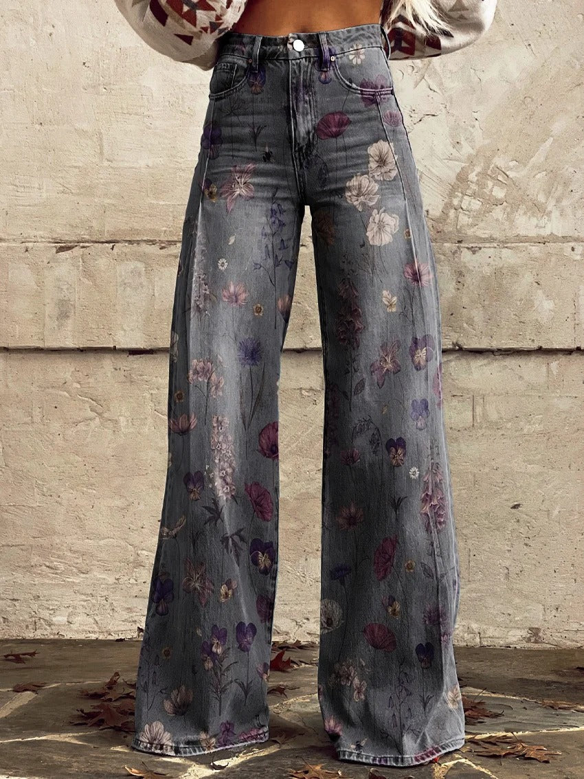 Women's  Flower Art  Print   Linen Pocket Skirt